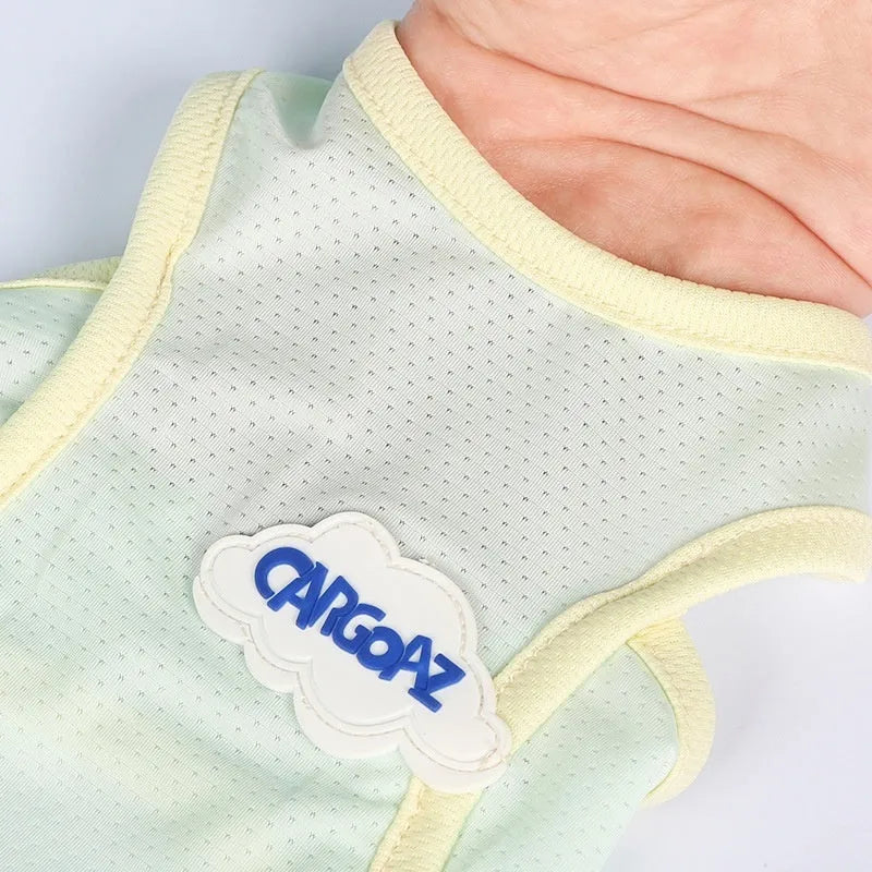 Lightweight grass green polyester vest for a cat, showing a simple sports-style pullover design.