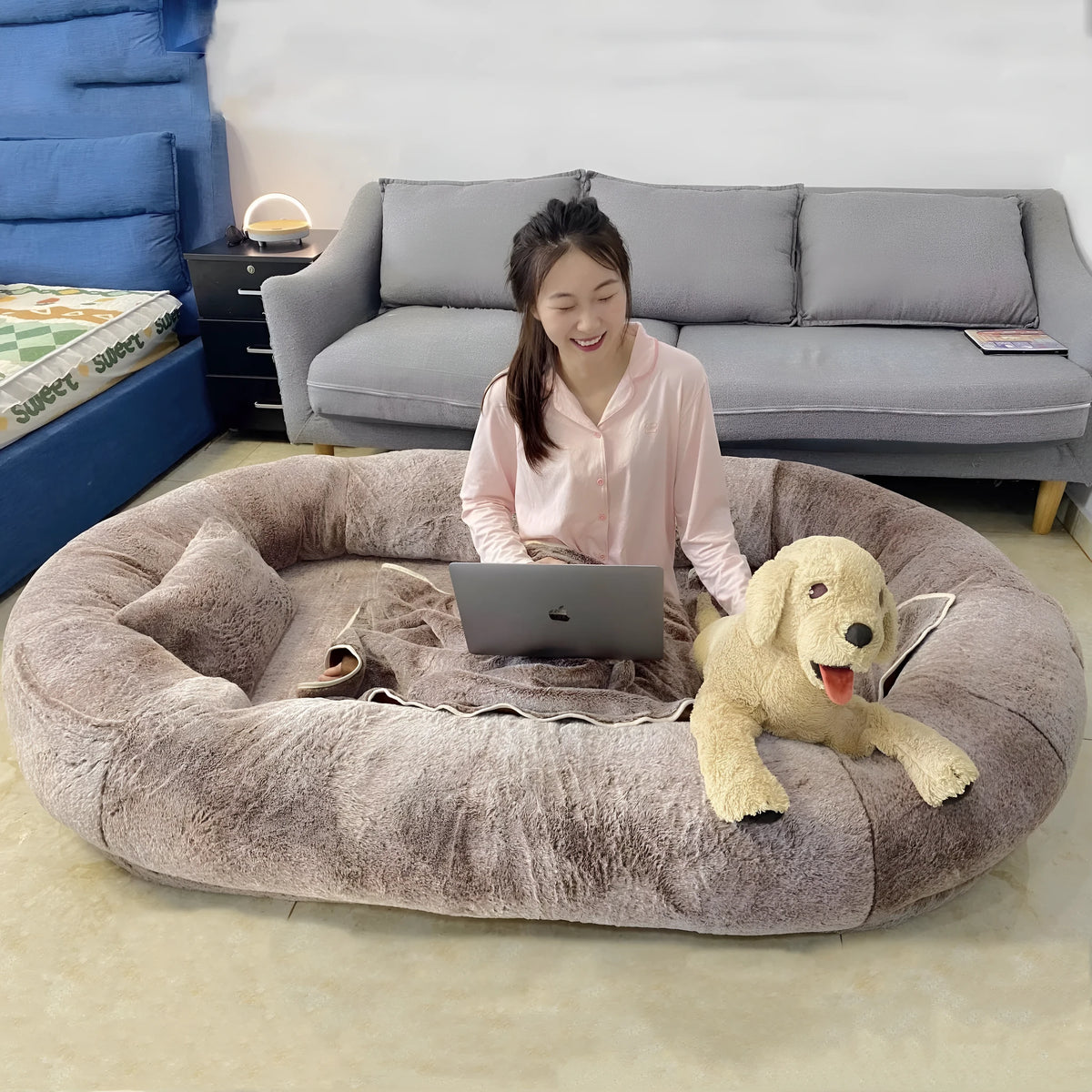 Oversized cloth dog bed with removable washable cover, available in coral pink, gradient grey, and gradient khaki