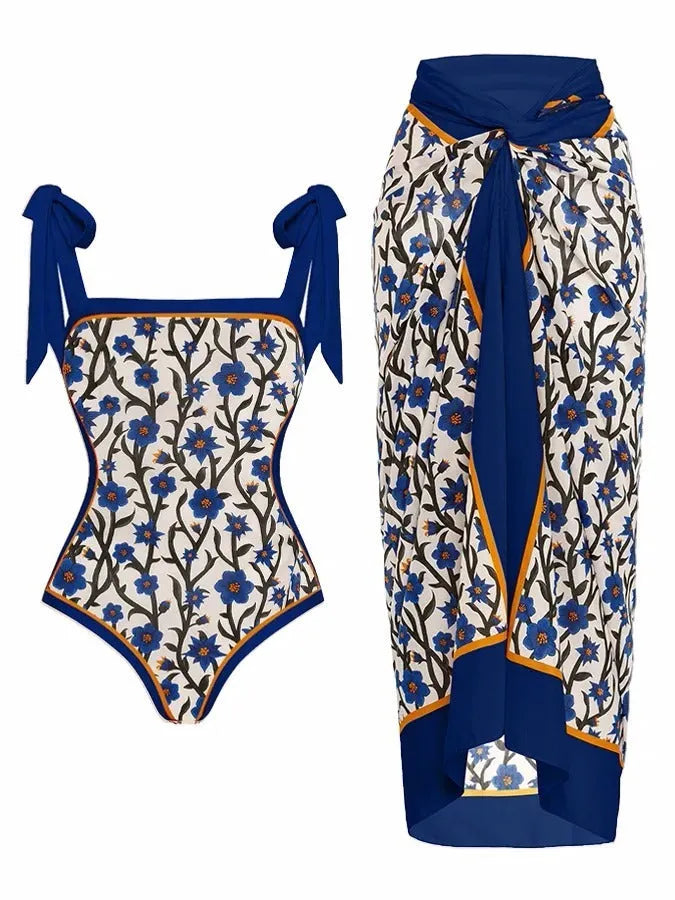 Women's printed polyester two-piece swimsuit with chiffon hip skirt in multiple colour options