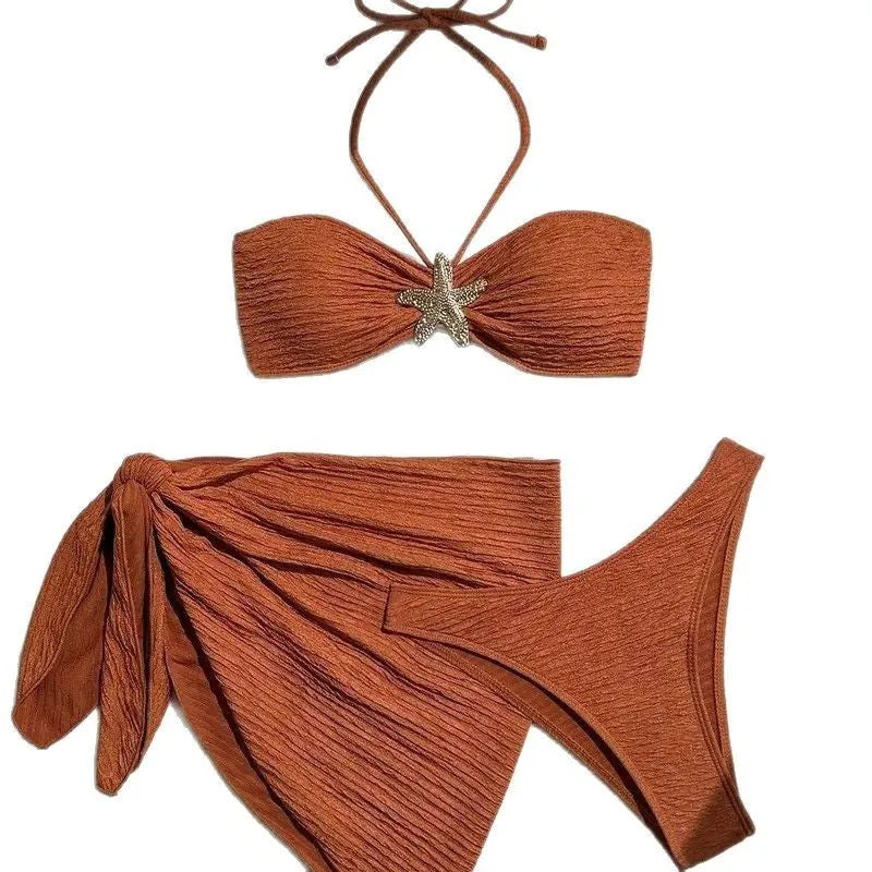 Brown floral three-piece bikini set with tube top, pants, and skirt for women