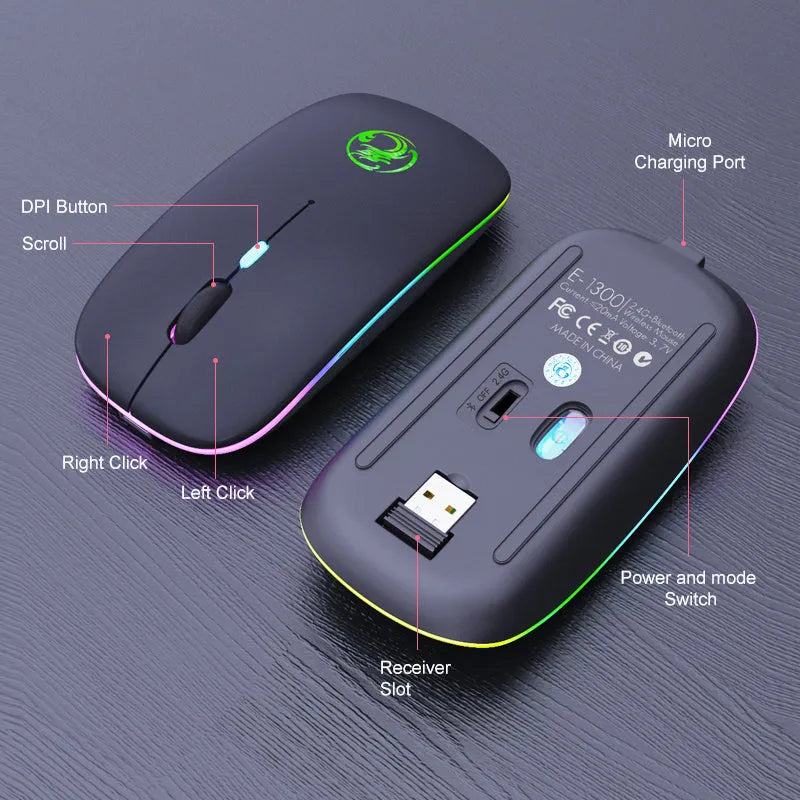 White luminous wireless mouse with glowing blue scroll wheel on a wooden desk
