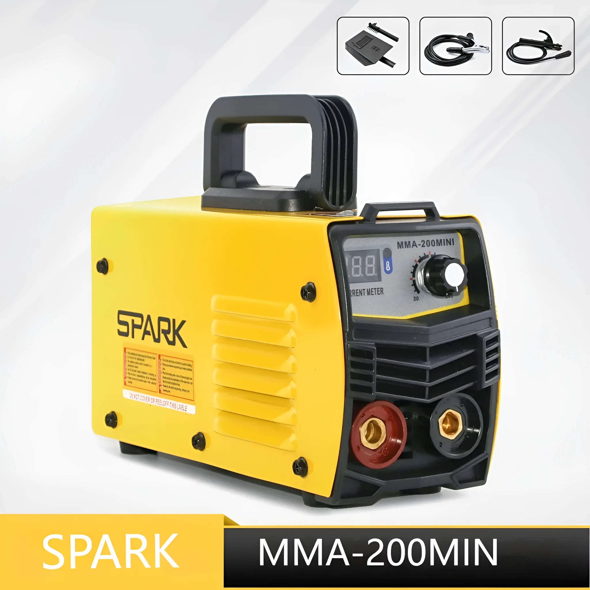 MMA-200MIN compact DC inverter welding machine with red housing, welding tongs, ground clamp, and face shield on a workbench.