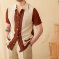 Beige short-sleeved women's cardigan with a lapel collar, made from a thin linen and cotton blend fabric.