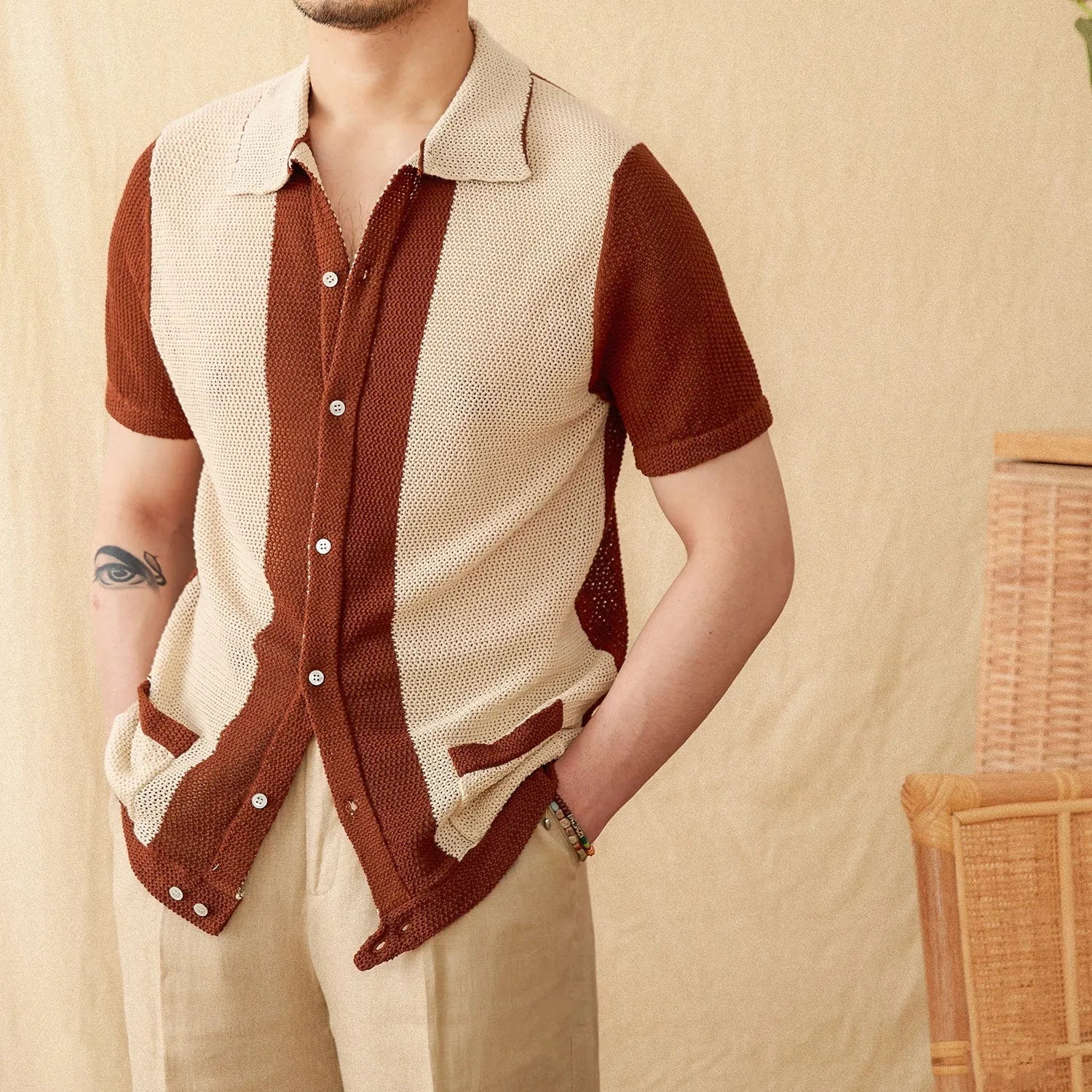 Beige short-sleeved women's cardigan with a lapel collar, made from a thin linen and cotton blend fabric.