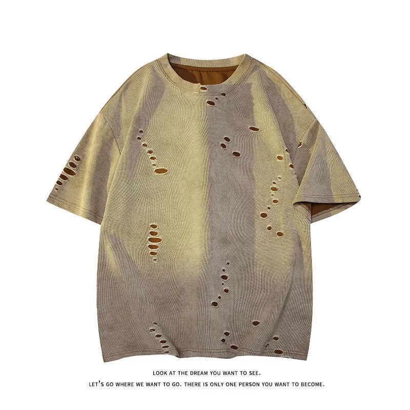 Men's loose blue cotton blend short sleeve t-shirt on a hanger