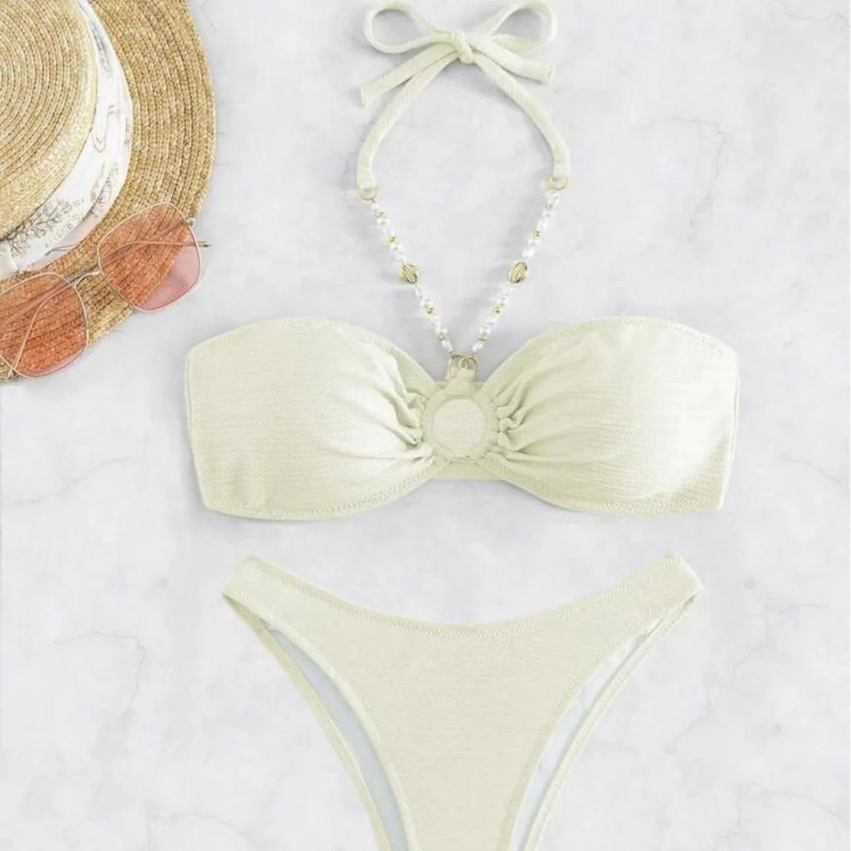 Women's halter bikini set in solid colour with briefs style for swimming