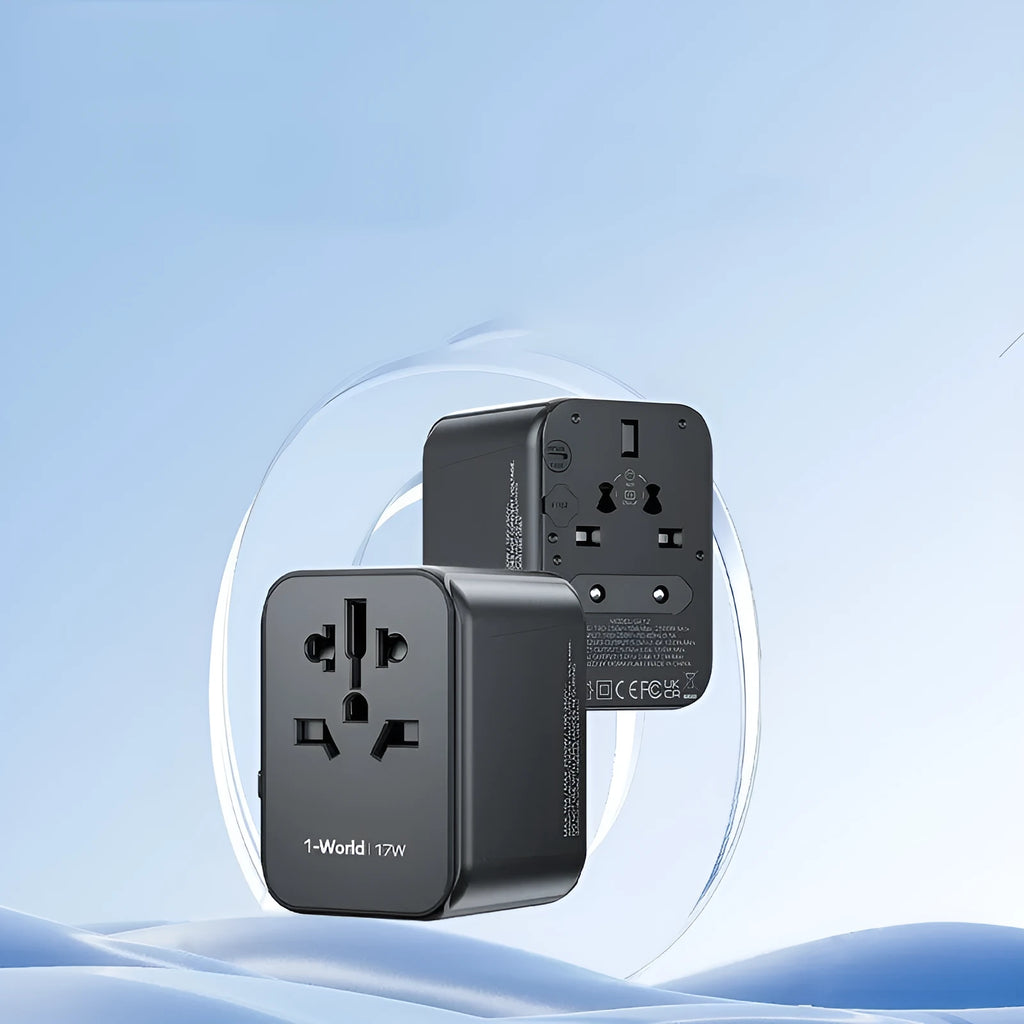 Black universal travel adapter UA12 with four-bit multi country converter, 70x64x48mm PC housing