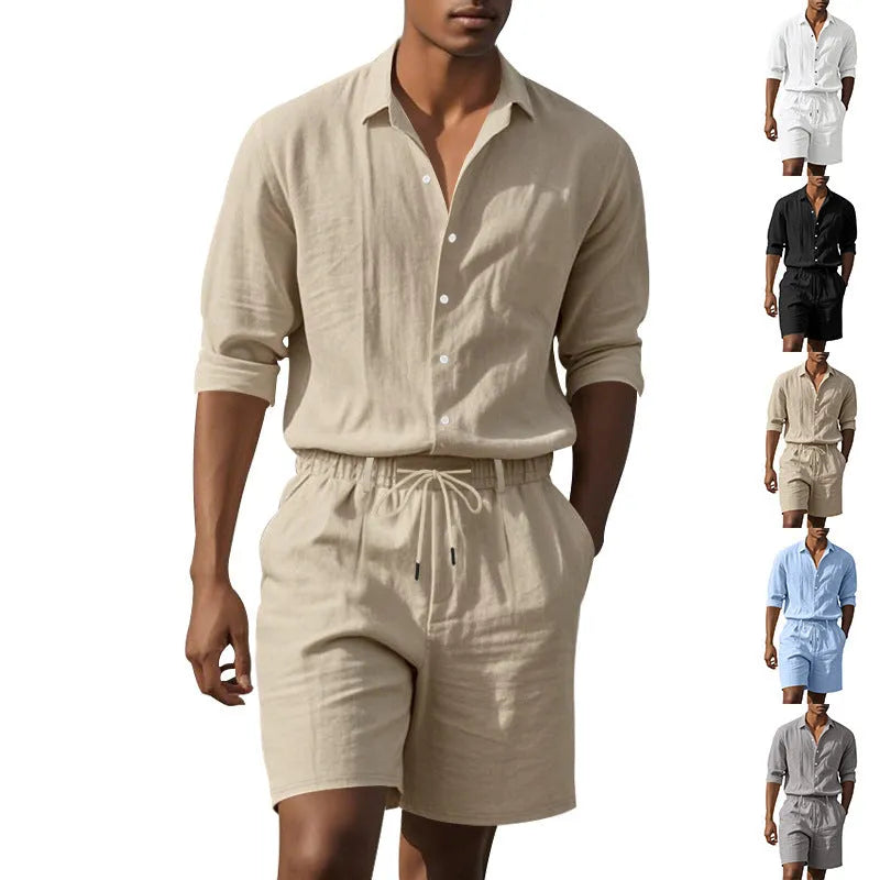 Men's white linen long-sleeve shirt and matching shorts beach suit set laid flat.