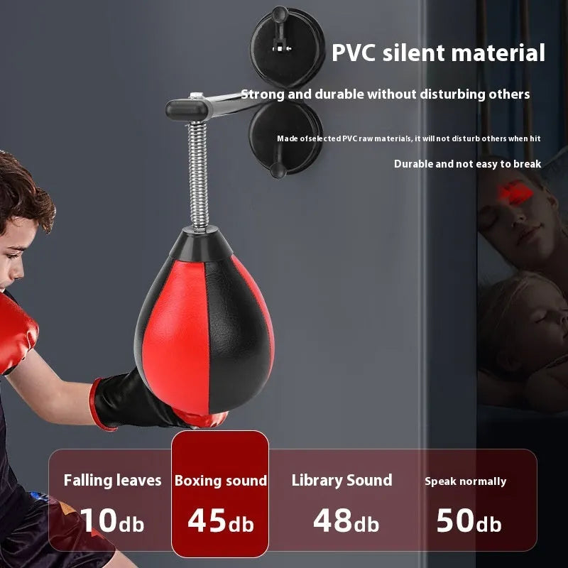 PU pear-shaped hanging boxing speed ball with elastic cord and red/black ball head, shown with pump and mounting accessories.