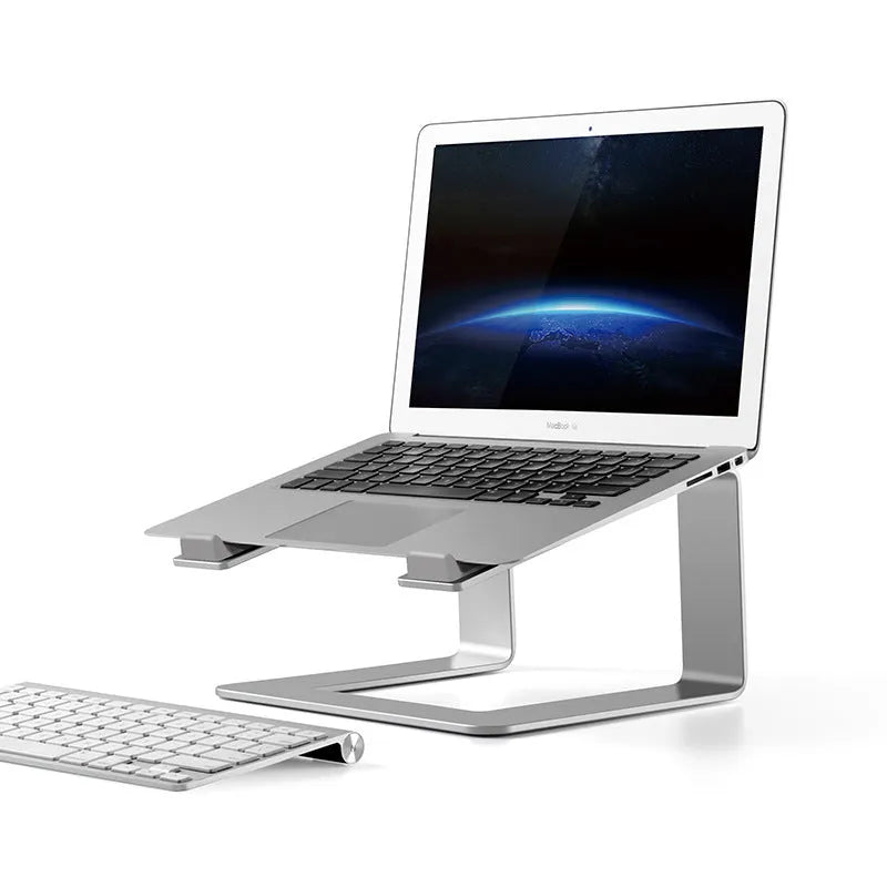 Black aluminium alloy laptop stand on desk showing dimensions and open-frame design