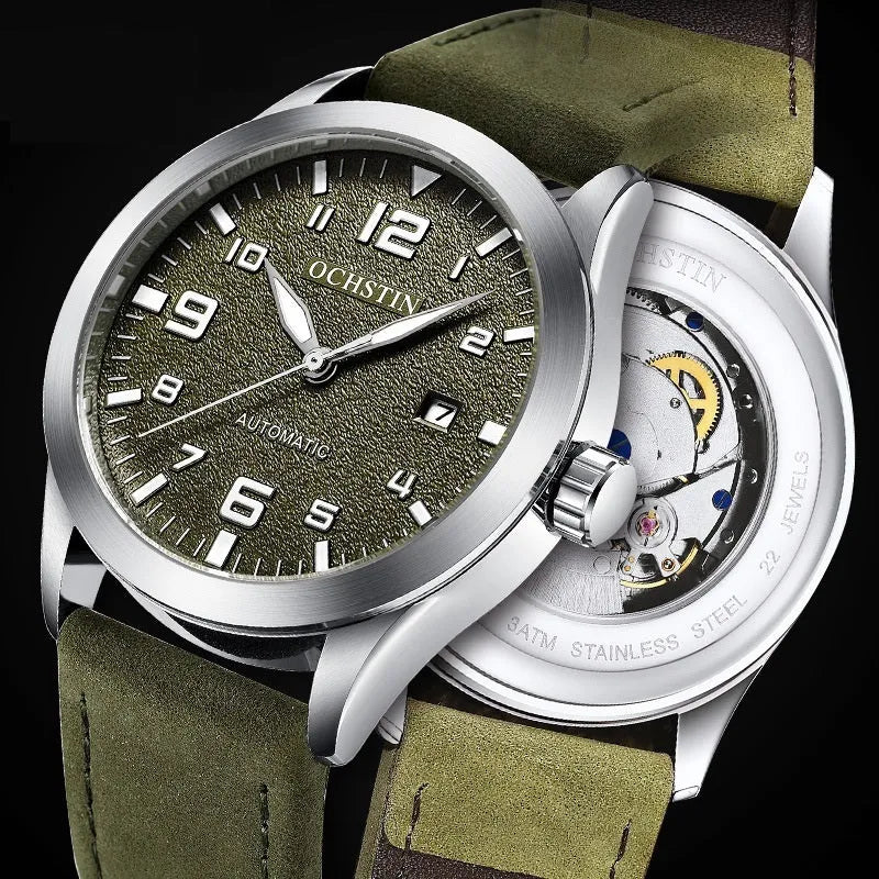 Men's automatic mechanical watch with leather strap on wrist, showing classic dial options.