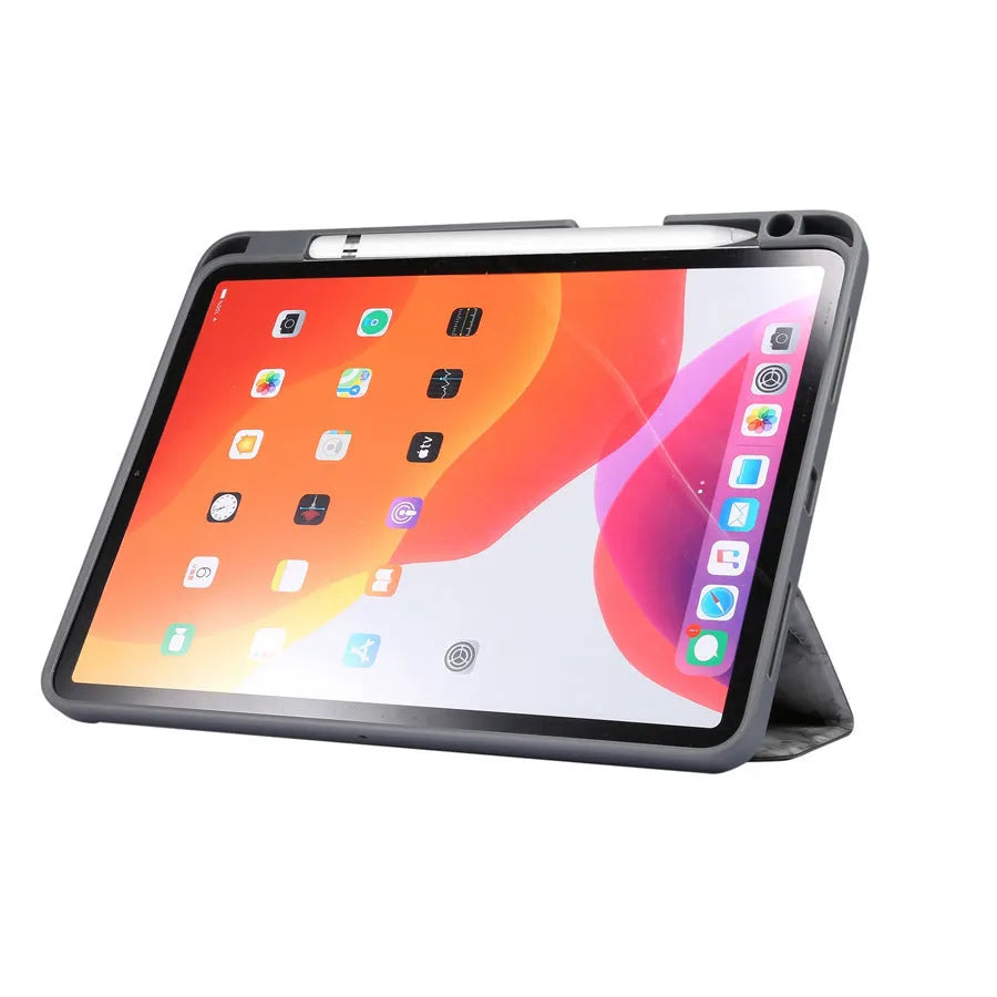 Tri-fold marbling pattern leather-style iPad case in dark grey, showing the integrated pen slot on the side.