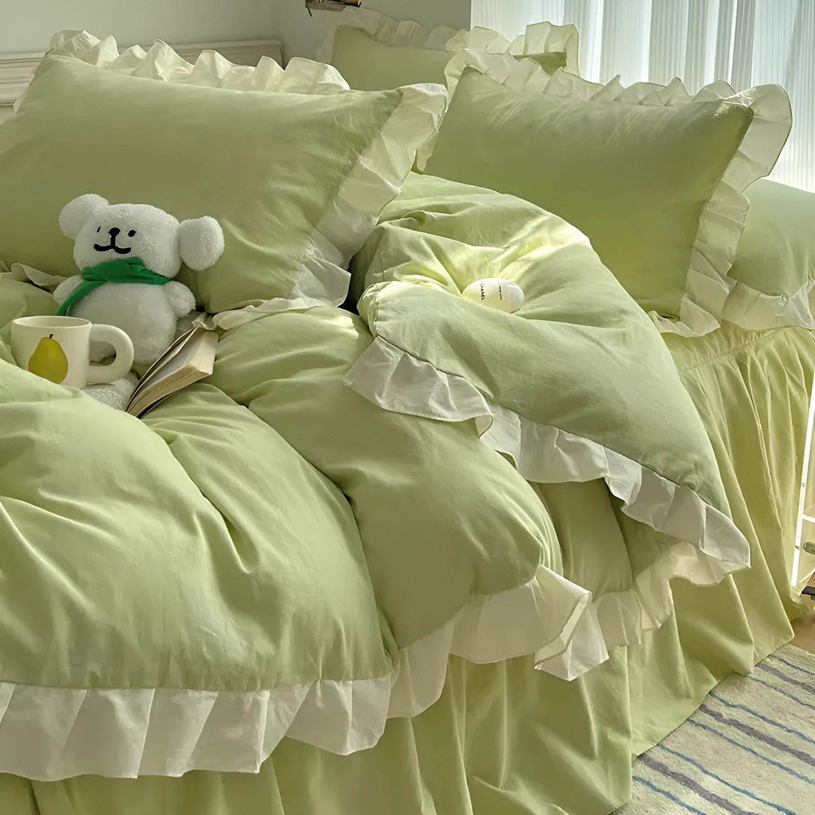 Mori style solid colour quilt cover and pillowcases from a four-piece washed cotton bedding set.