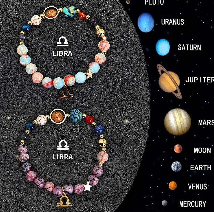 Two adjustable natural stone beaded bracelets with sliding knots, showing 6-8mm gemstone beads for zodiac signs.