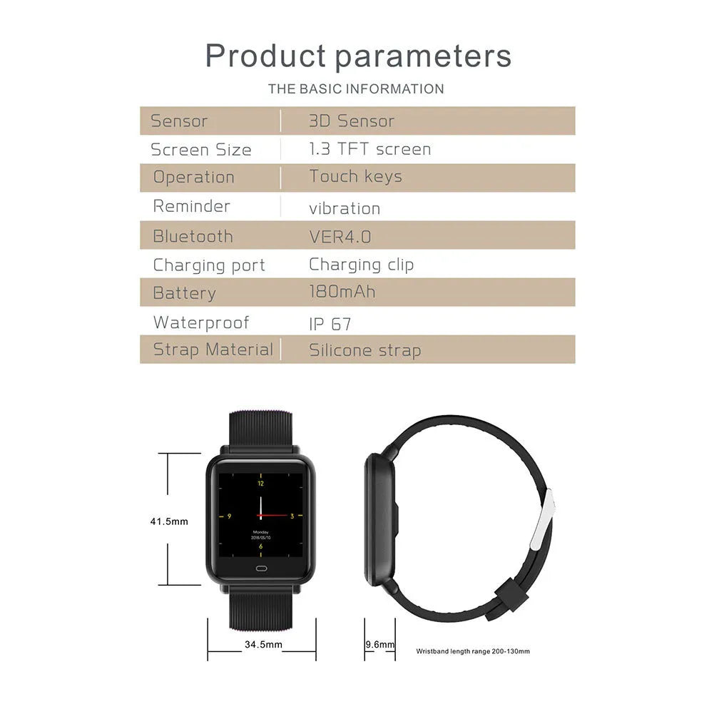 Q9 smart watch with 1.3 inch touch screen on silicone strap, black, showing heart rate display