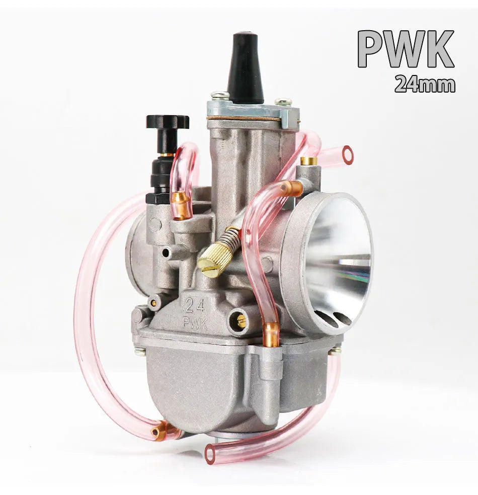 PWK sandblasting motorcycle carburetor for performance modification, shown in multiple bore sizes.