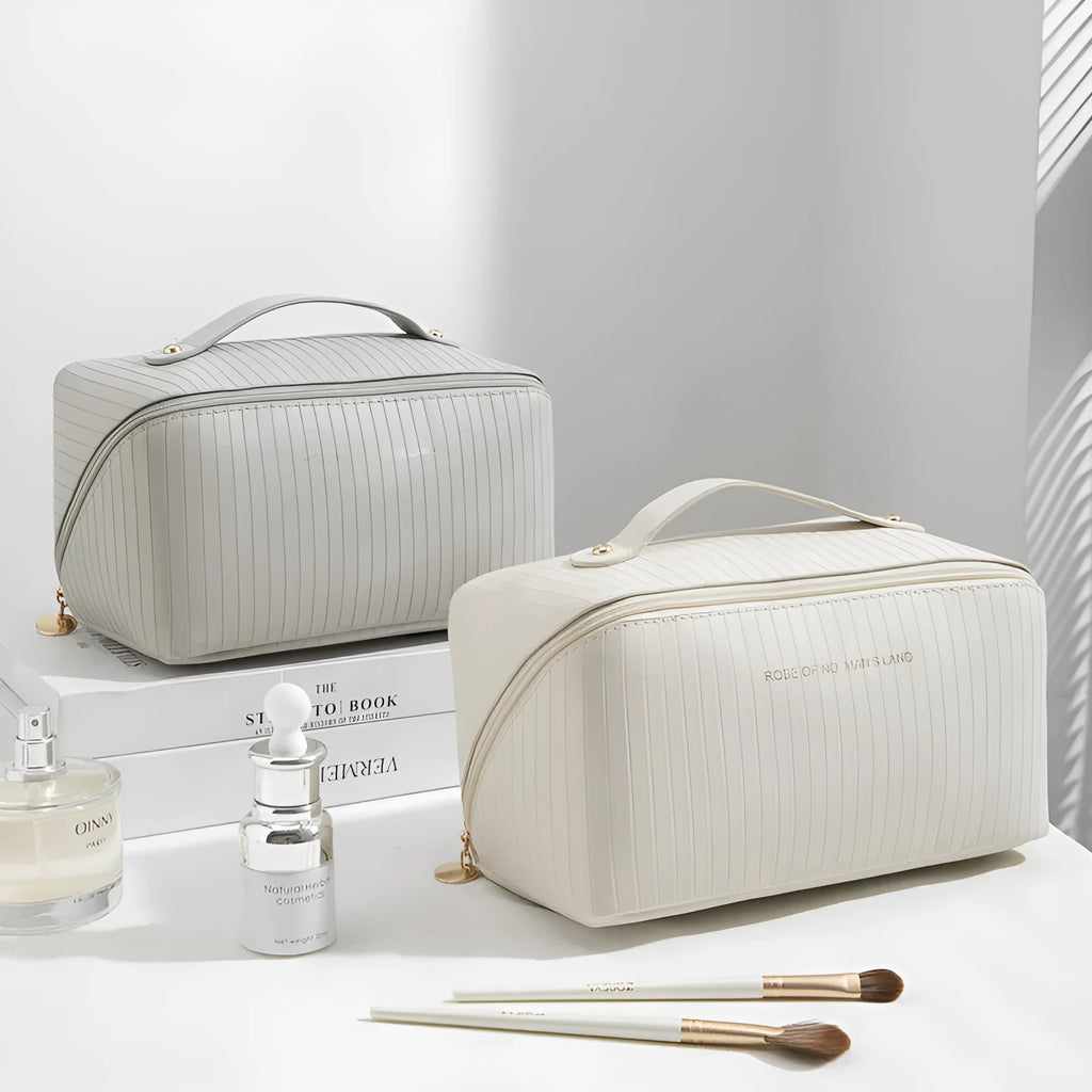 Vertical pattern pillow makeup bag in cubic shape with PU material, shown in available colours.