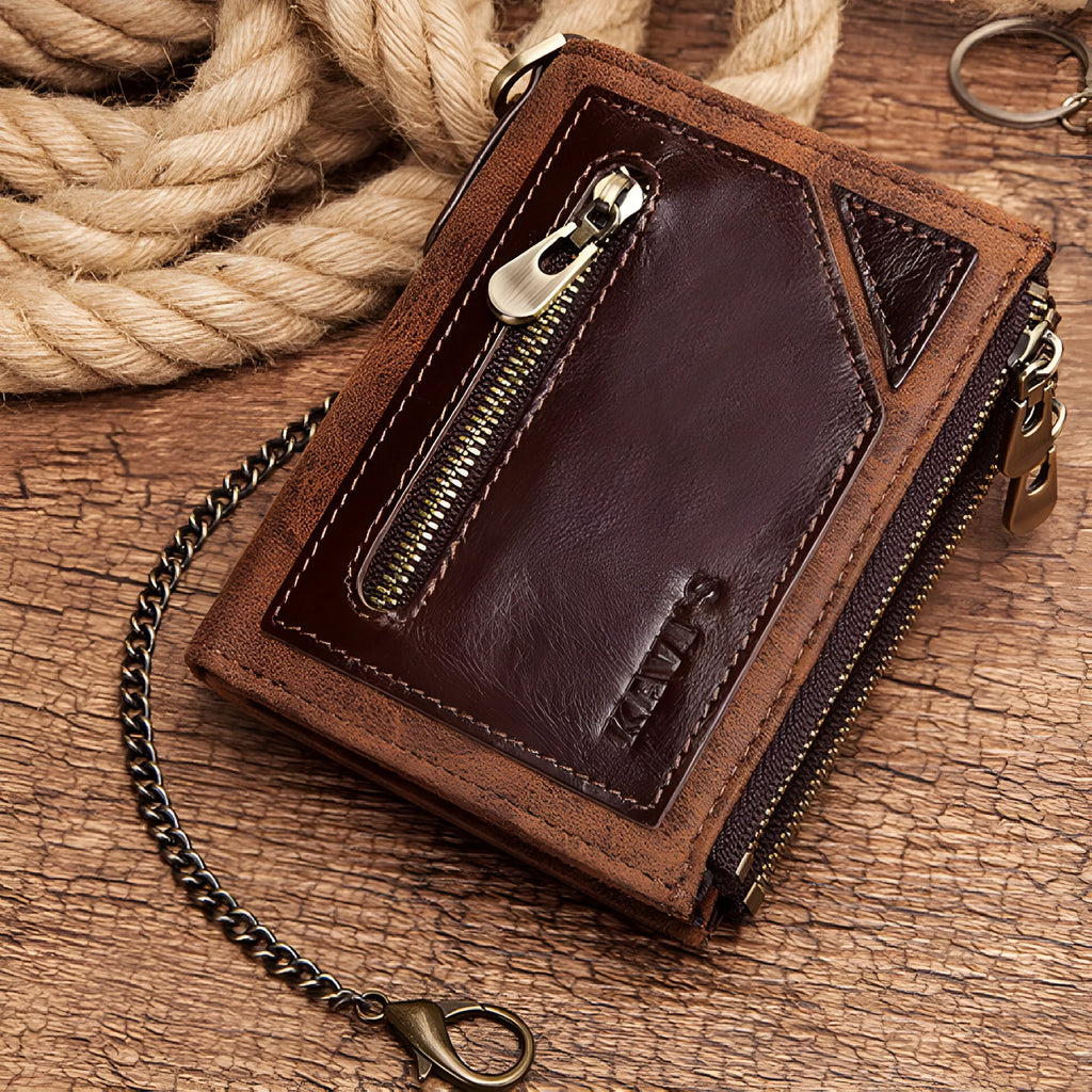Dark brown men's leather wallet with chain detail showing RFID-blocking protection