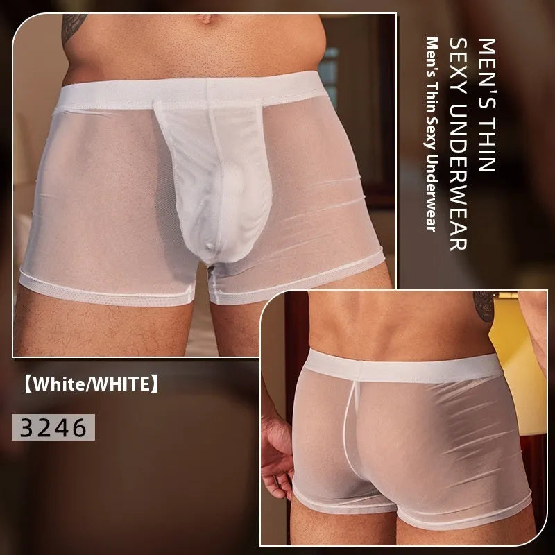 Men's black ultra-thin breathable boxer briefs made from nylon fabric, shown laid flat.