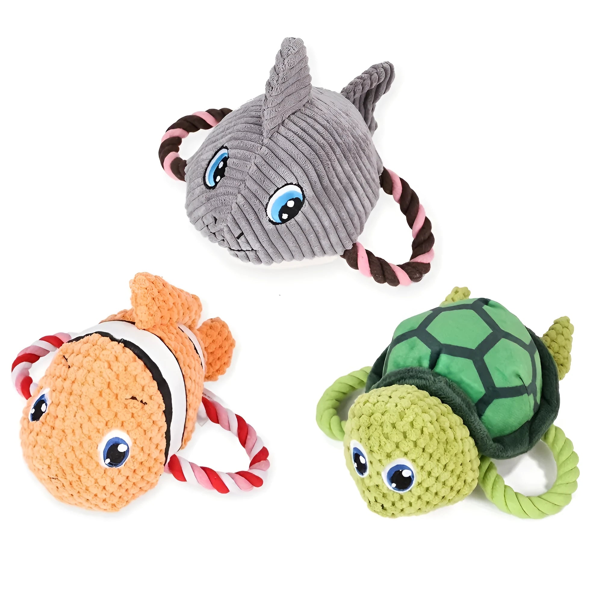 Grey turtle-shaped plush dog toy with green knotted rope limbs for chewing