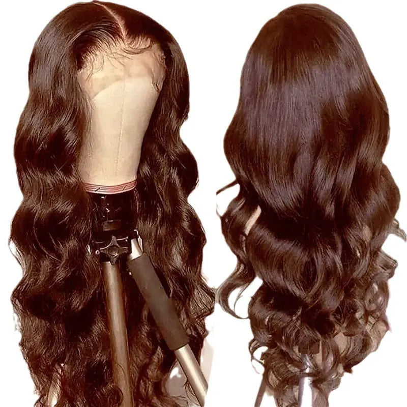 Women's front lace wig with long curly hair and side bangs in dark brown colour