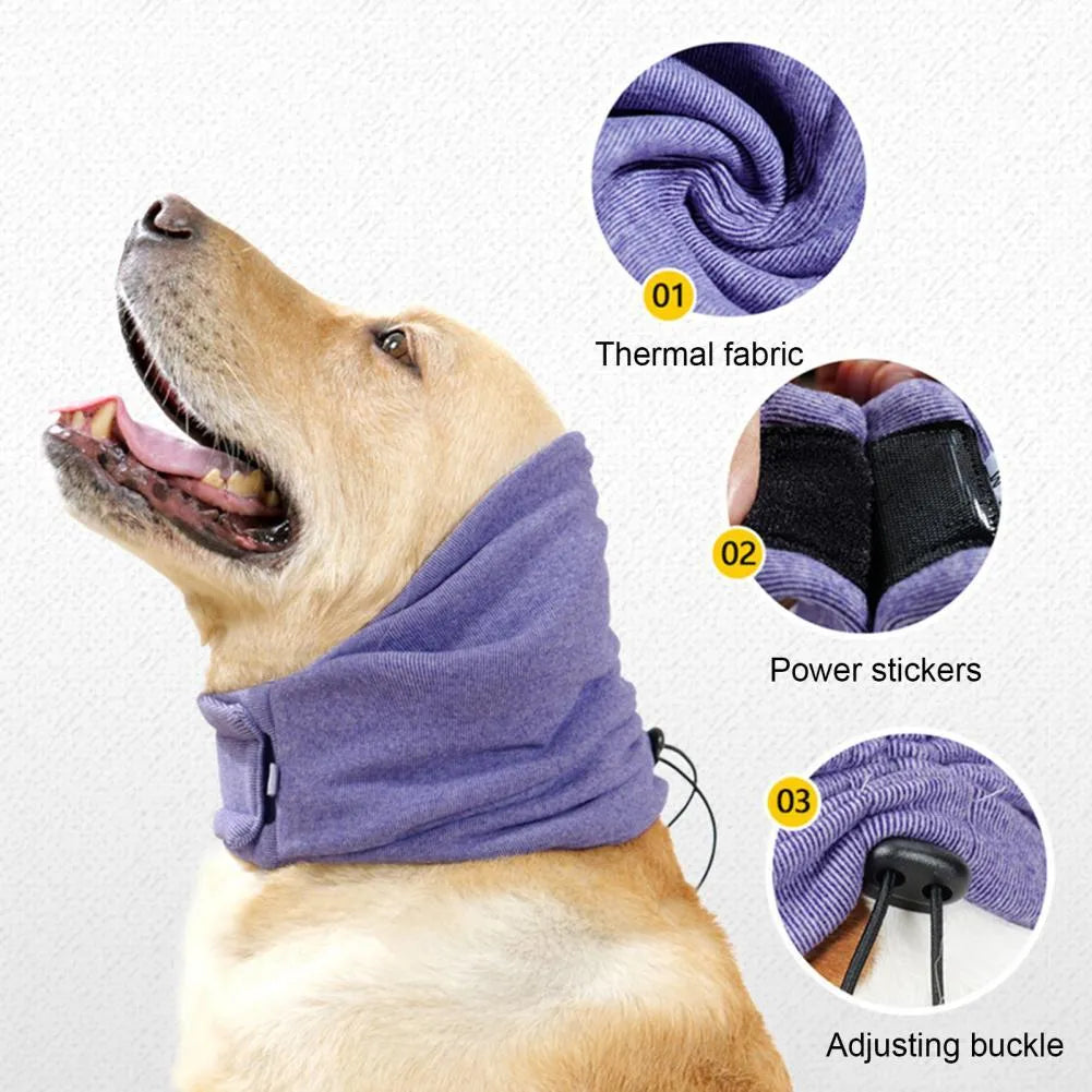 Black dog calming hoodie head wrap with earmuffs on a pet