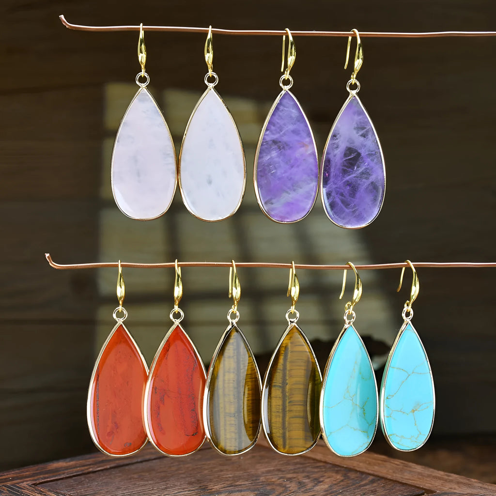 Vintage long water drop earrings in genuine stone materials with handmade processing