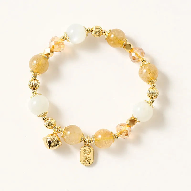 Gold electroplated bracelet with genuine rutilated quartz crystal in Korean style design