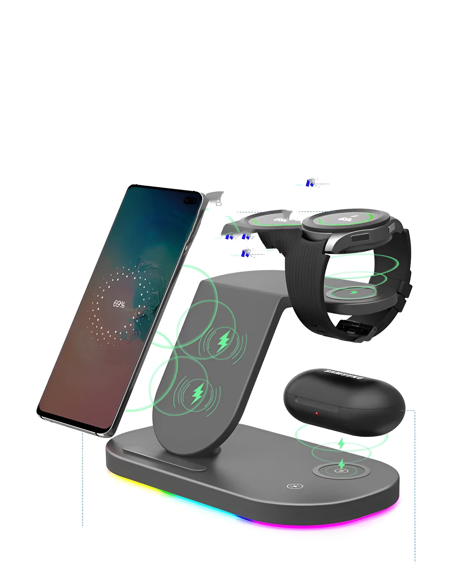 Black and white 15W three-in-one wireless charger with Type-C connector