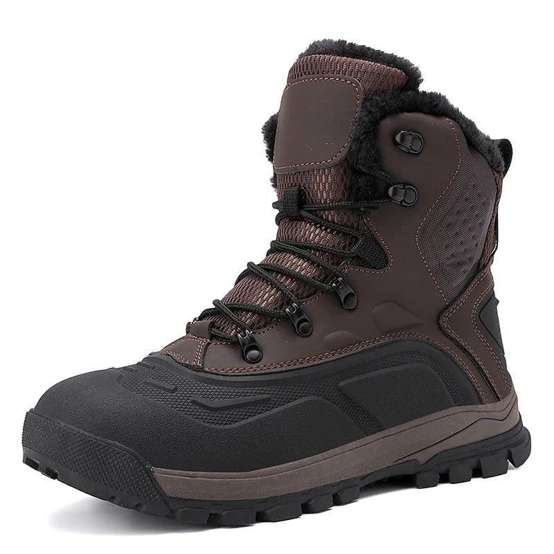Men's black fleece-lined high-top lace-up boots with a flat heel and ribbed sole.