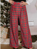 Red women's casual lattice loose trousers with elastic waist, loose fit, temperment commute style