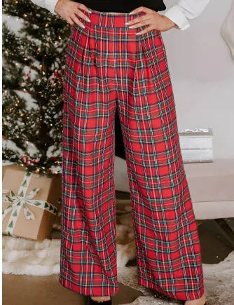 Red women's casual lattice loose trousers with elastic waist, loose fit, temperment commute style