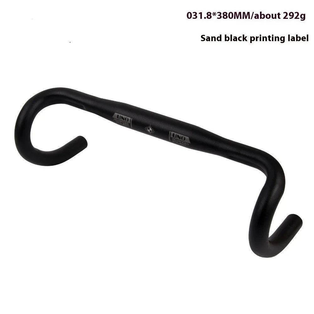 UNO aluminium road bike drop handlebar in black, showing curved drop shape and printing mark.