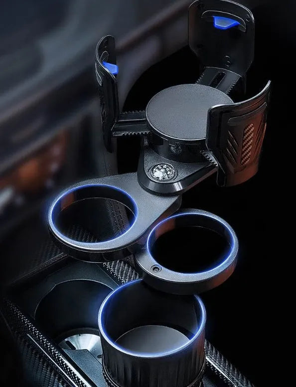 Carbon fibre black adjustable car drink holder with retractable base showing size range.