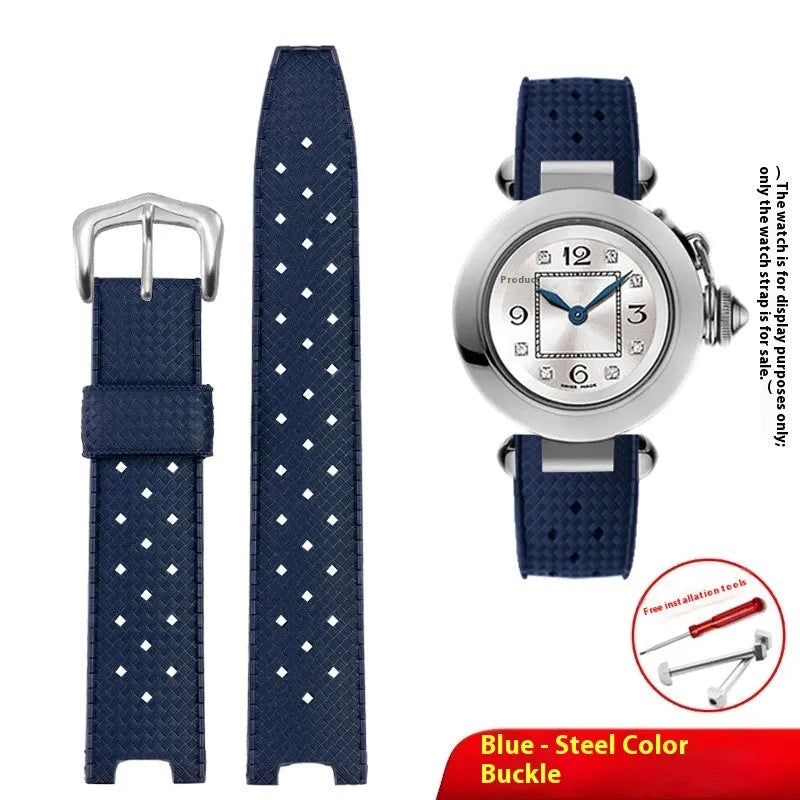 Silicone watch strap with notch and female port in black or blue, sizes 20.10mm, 20.12mm, 22.15mm