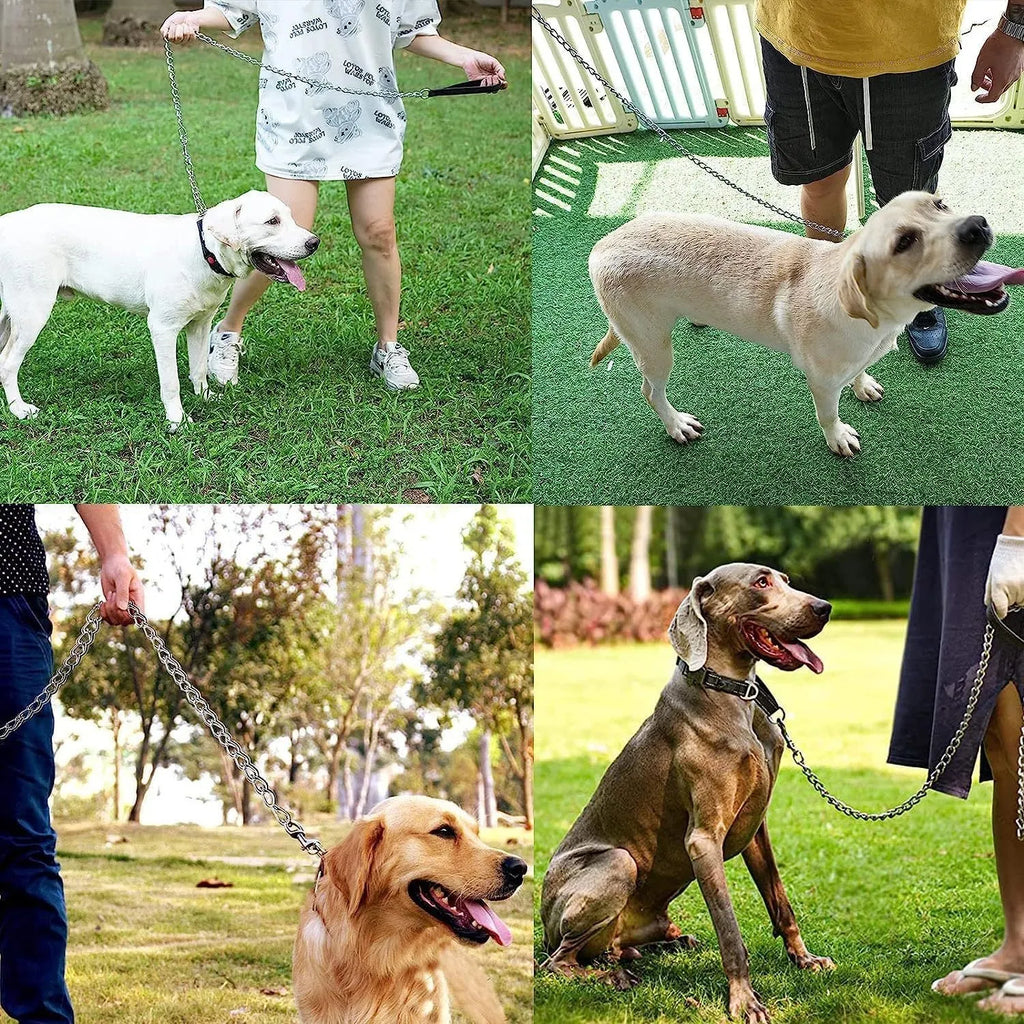 Heavy-duty metal chain dog leash with a soft black padded handle, shown with a red colour option.