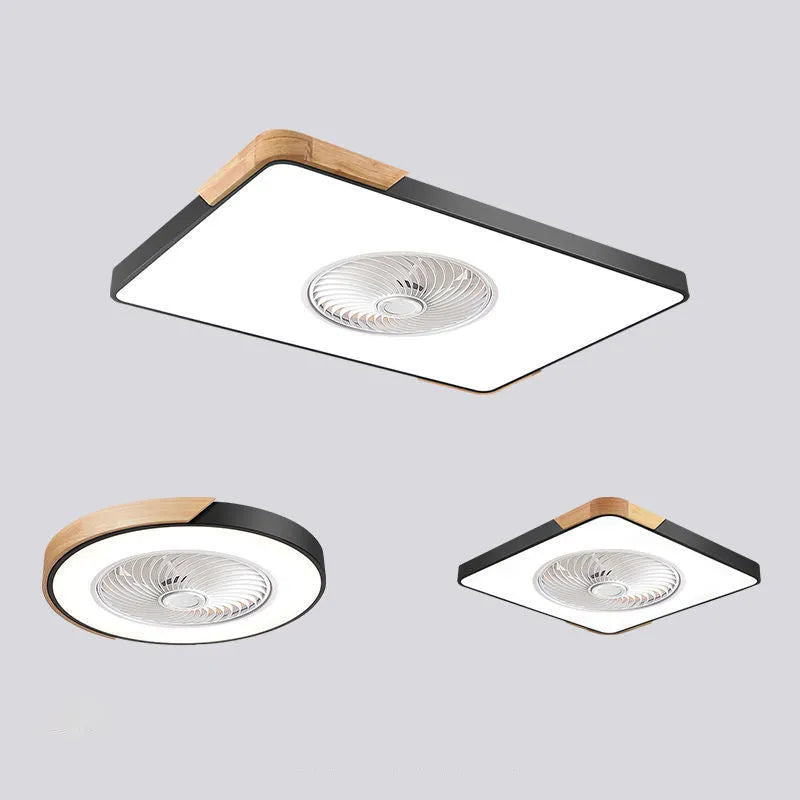 Nordic ceiling fan with light in solid wood rectangular, round, and square frame options.
