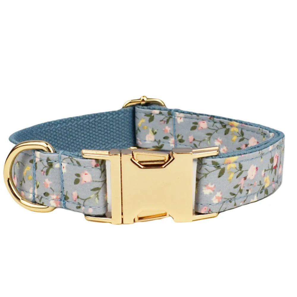 Blue floral pattern dog collar with matching leash and vest set for small to medium dogs