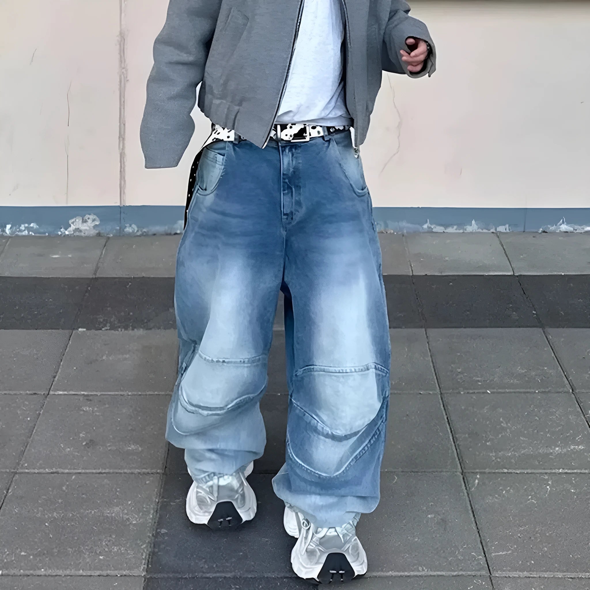 Men's washed white blue baggy straight-leg jeans with zip fly on mannequin
