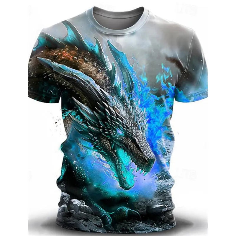 Men's grey t-shirt with a large, colourful 3D wind dragon print across the chest.