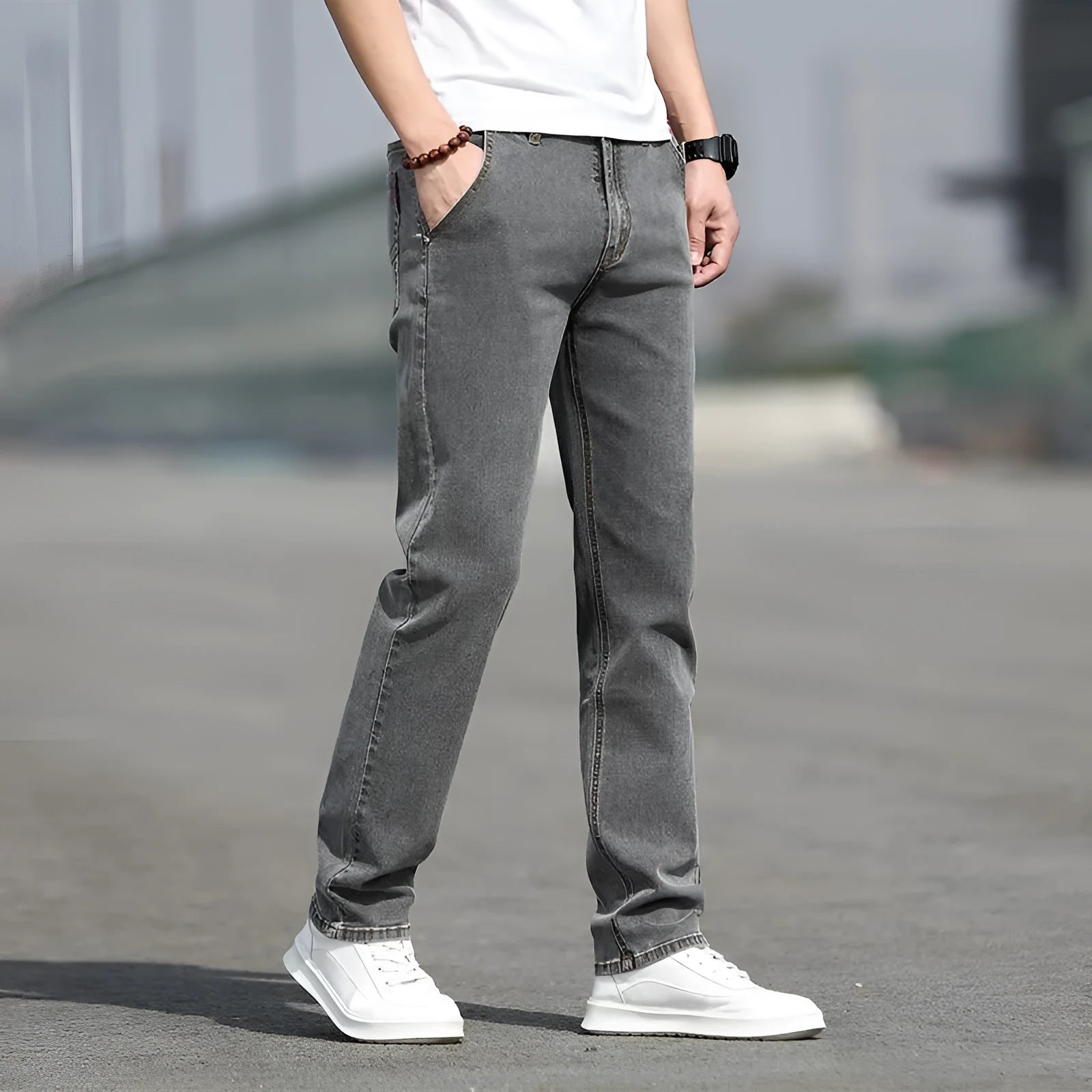 Men's smoky gray straight leg jeans with low waist and zipper fly, made from rabbit fur fabric.