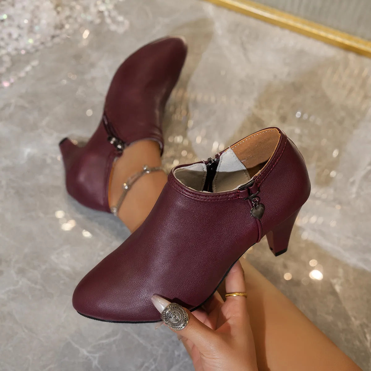 Casual pointed toe stiletto heel ankle boots with love decoration in solid colour, artificial leather upper