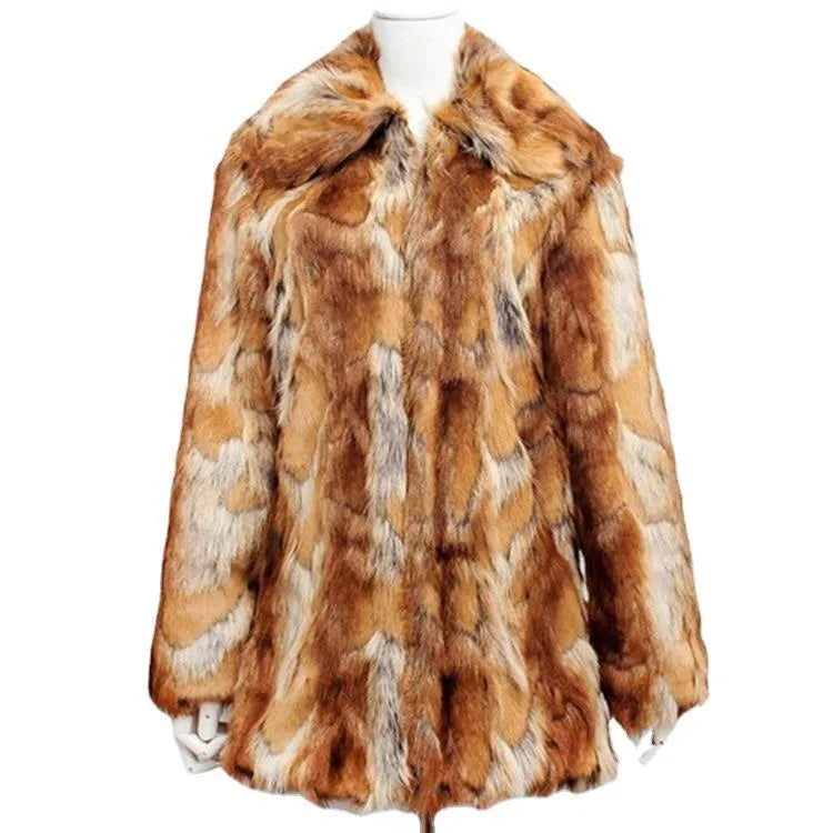 Women's slim-fit faux fur jacket with a bold tiger pattern, shown in a medium length.
