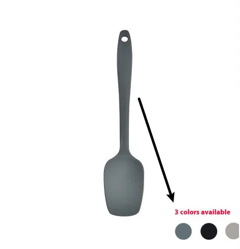 Black silicone kitchen utensil set with 12 tools stored in a rotating plastic storage bucket on a worktop.