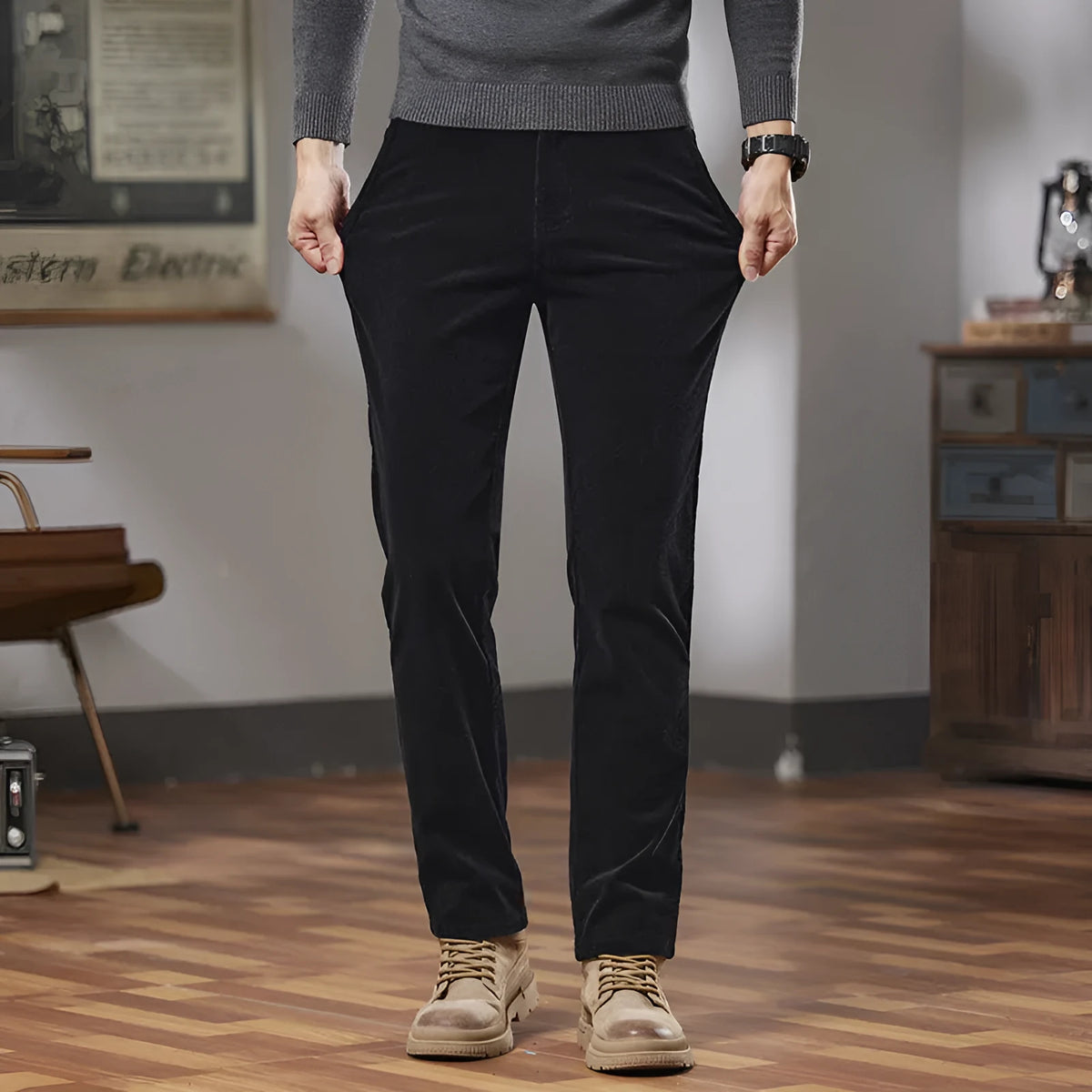 Slim fit straight corduroy trousers in cotton, mid waist, four colours, sizes 28-40
