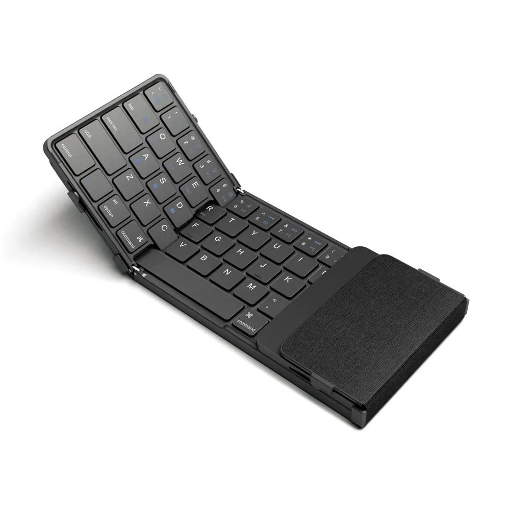 Black folding Bluetooth keyboard for mobile phones and tablets with touchpad or digital board options