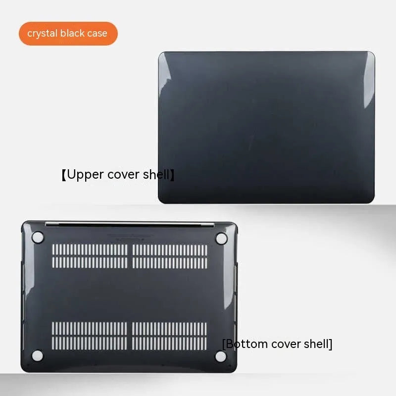 Hard plastic MacBook protective case shown in crystal transparent, black, frosted, and matte black finishes.