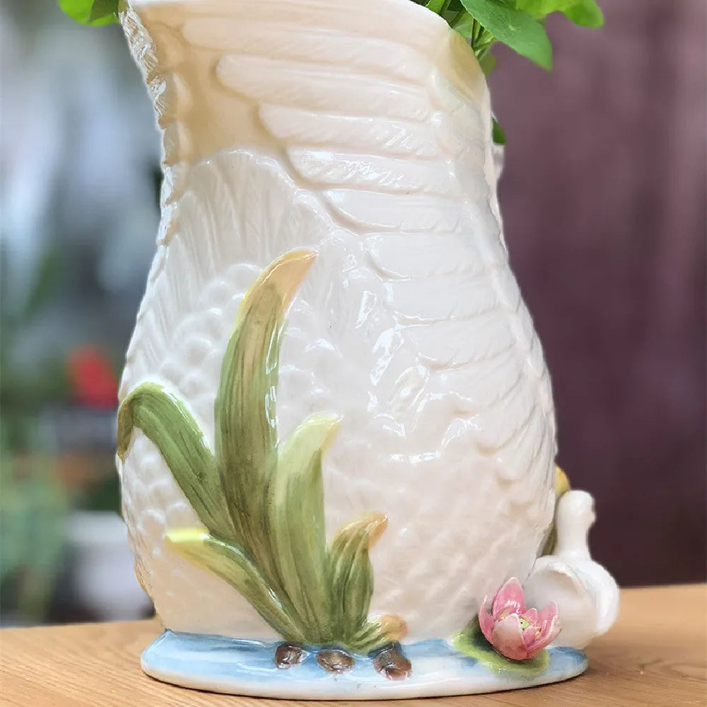 Ceramic swan vase in pastoral style with embossed effect, 24.1 x 15.2 x 20 cm, picture colour, for household decoration