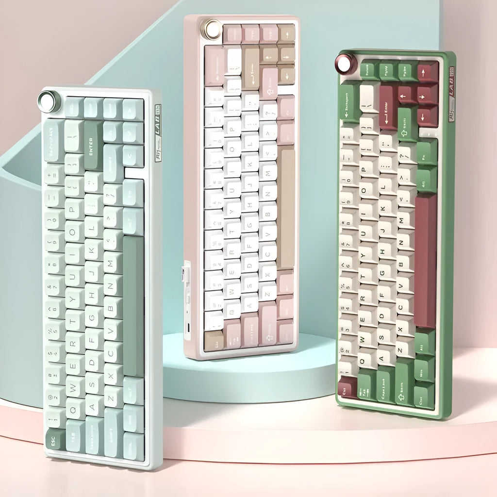 White portable wireless mechanical keyboard with RGB backlighting on a desk