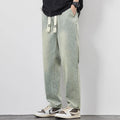 Men's loose wide leg denim trousers with elasticated drawstring waist in multiple colours, straight-leg fit